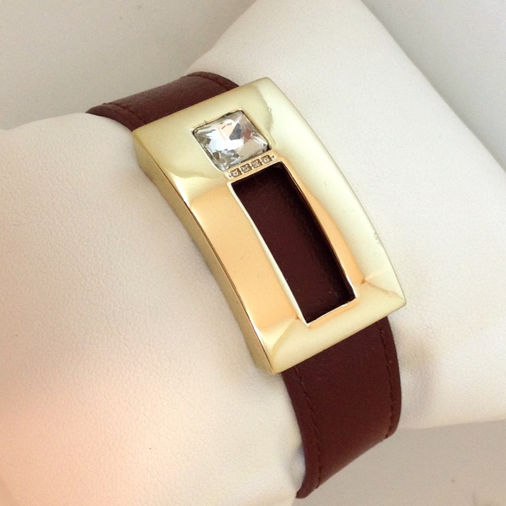 Brown Leatherette Bracelet Large Crystal Stone